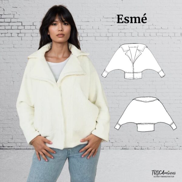 Schnittmuster Jacke mit Fledermausärmel – Damenjacke Esmé mit Reverskragen und seitlichen Taschen. Designer: TOSCAminni-Schnittmanufaktur