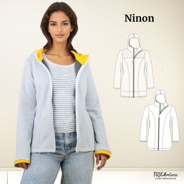 Schnittmuster Sweatjacke Ninon – Damen Kapuzenjacke mit teilbarem Reißverschluss, abgesetztem gelbem Futter in Kapuze und Ärmel, zwei Varianten mit oder ohne Passe. Designer: TOSCAminni-Schnittmanufaktur