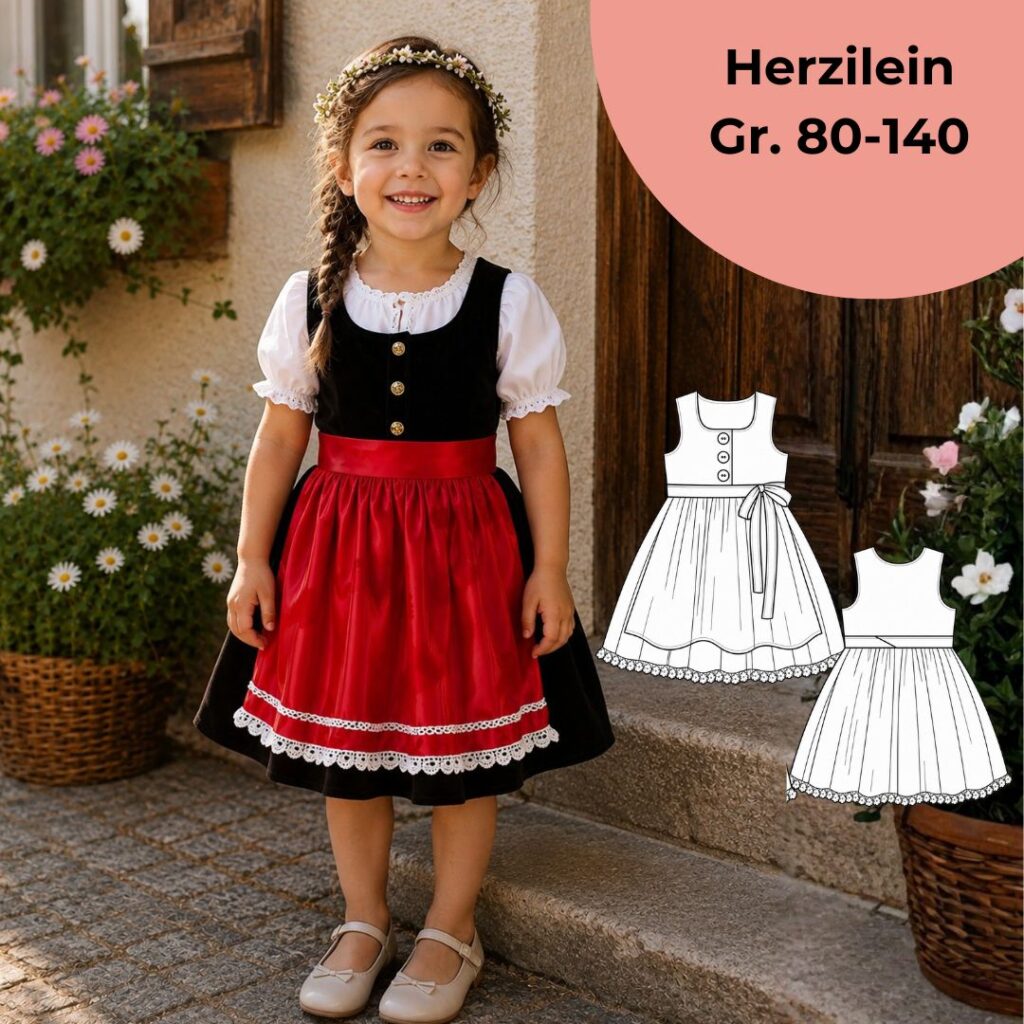 Kinderdirndl nähen für Anfänger mit Schnittmuster Herzilein in Größe 80 bis 140.