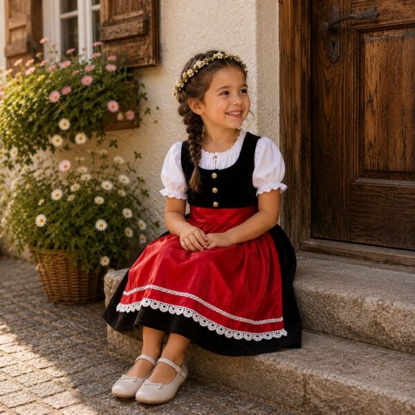 Sitzendes Mädchen im schwarz-roten Kinderdirndl Herzilein mit Knopfleiste.