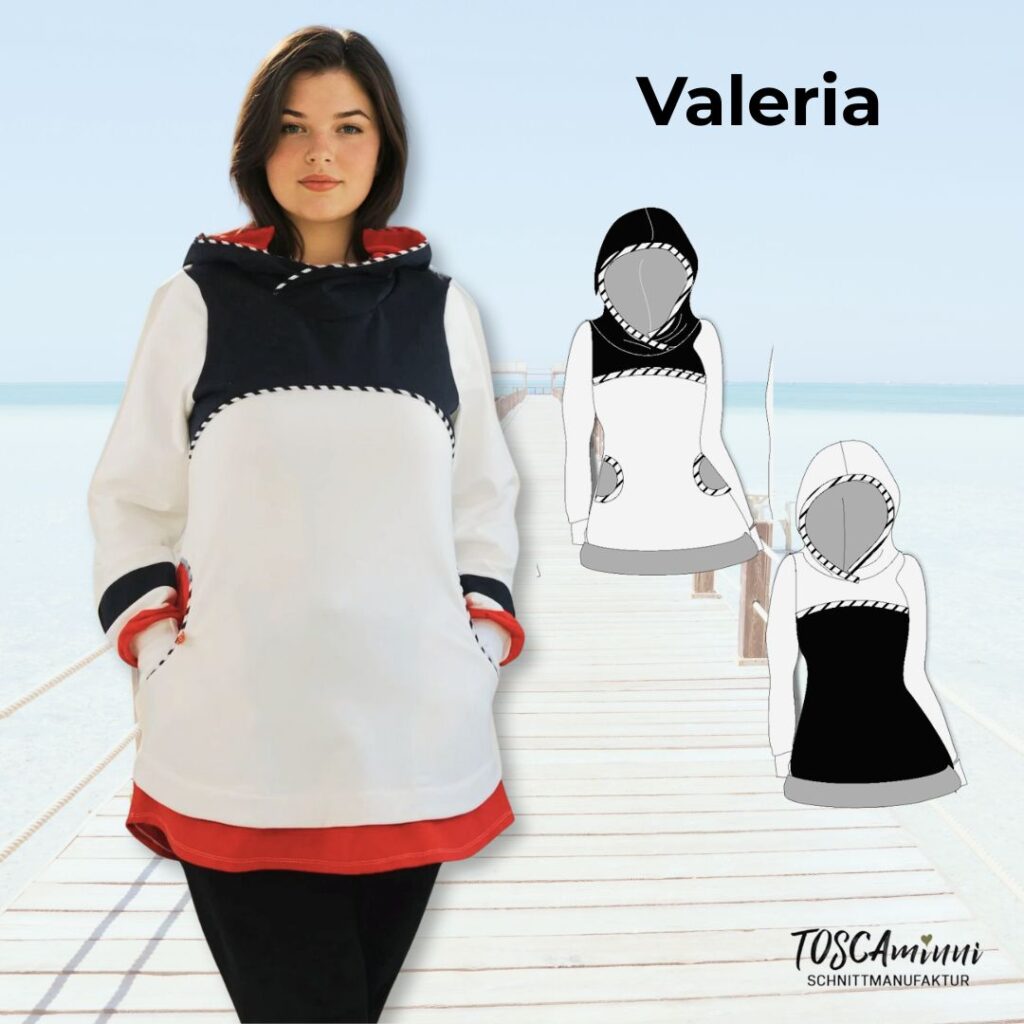 Schnittmuster Hoodie Valeria Gr. 34-54 mit Loopkragen