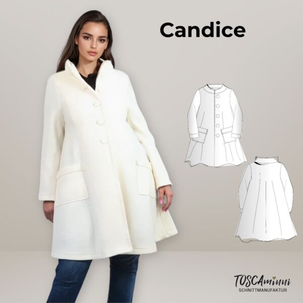 Schnittmuster Damenmantel Candice A-Linie: ungefütterter Walkmantel mit Stehkragen, Knöpfen und aufgesetzten Taschen. Stoff: Weisser Walkstoff - Designer: TOSCAminni-Schnittmanufaktur