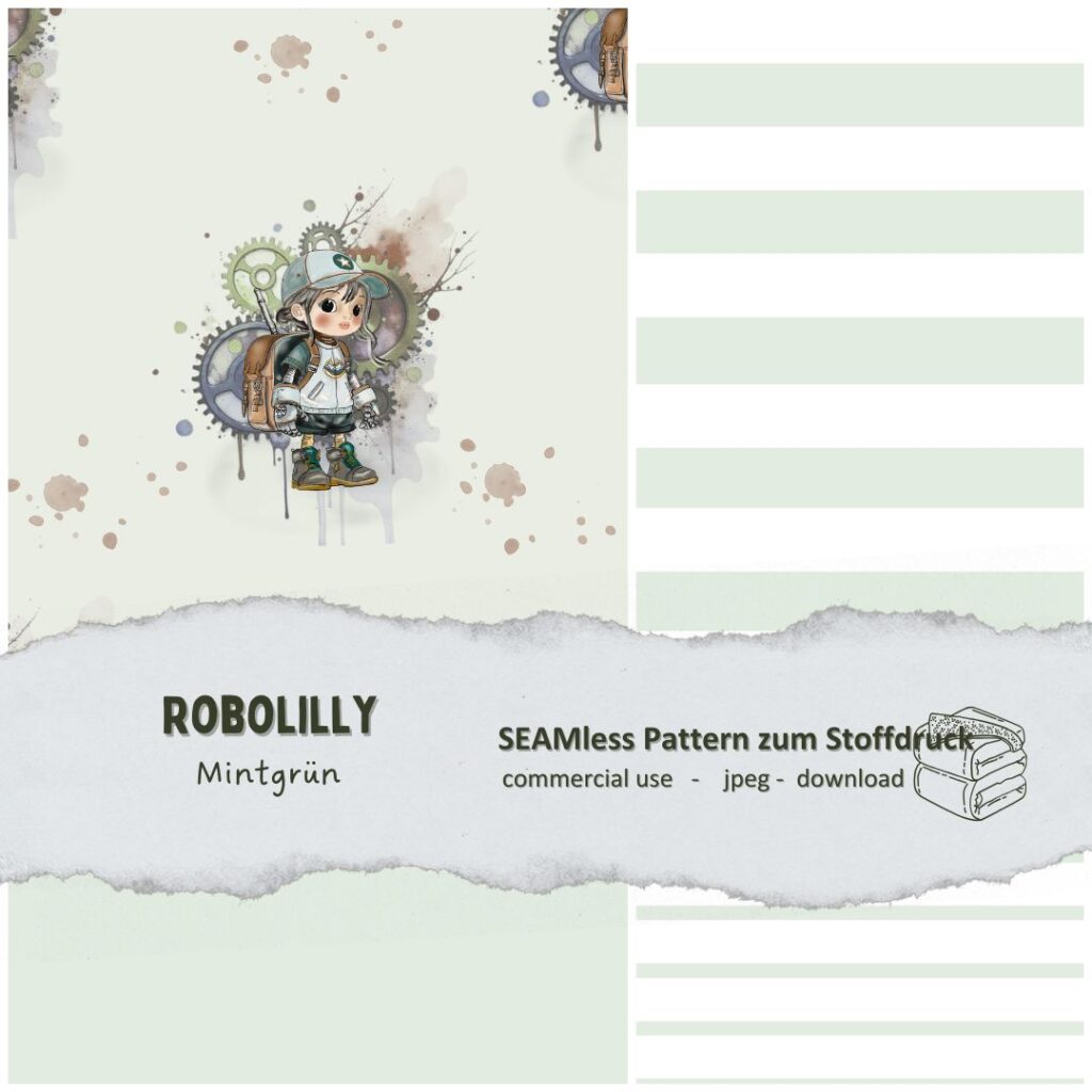 Stoffdesign Robotermädchen Robolilly - mintgrün