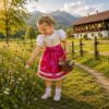 Mädchen im Kinderdirndl mit Trägern Sissi und pinkfarbener Schürze auf einer Blumenwiese.