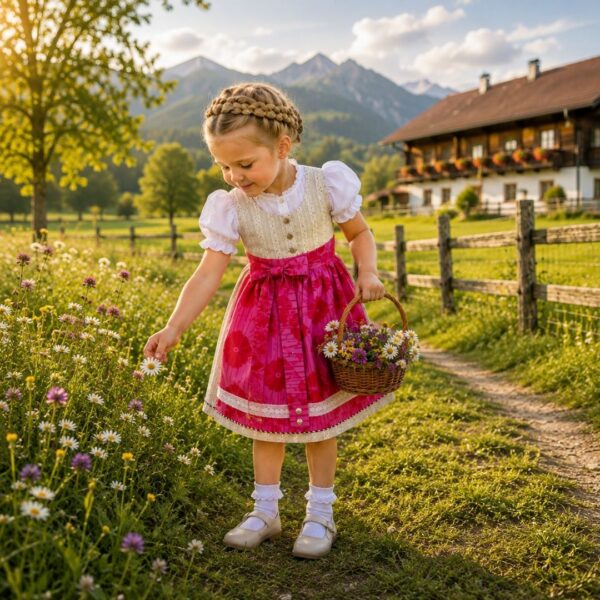 Mädchen im Kinderdirndl mit Trägern Sissi und pinkfarbener Schürze auf einer Blumenwiese.