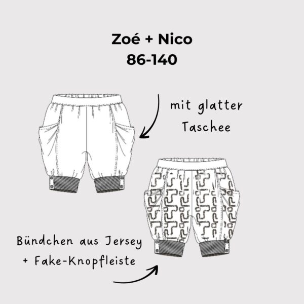 Coverzeichnung Schnittmuster Kinderhose Zoè + Nico Größen 86-140