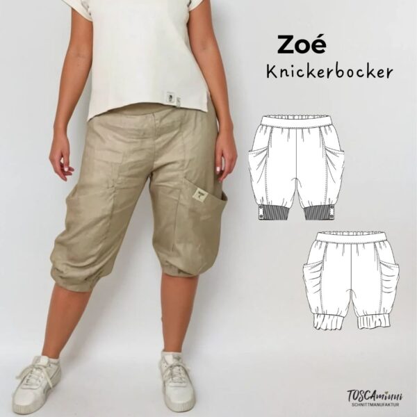 Schnittmuster Knickerbocker Hose Zoé – kurze Damenhose mit Taschen und Gummibund zum Nähen, bequeme knielange Hose von TOSCAminni