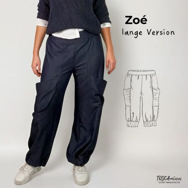 Schnittmuster lange Damenhose Zoé – lässige lange Hose mit Seitentaschen und Bündchen, Größen 34–54, von TOSCAminni-Schnittmanufakur