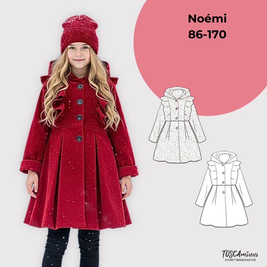 Schnittmuster Kindermantel Noémi – Modell: romantischer Wintermantel mit Kapuze und Rüschen aus rotem Samt - Design von TOSCAminni-Schnittmanufaktur