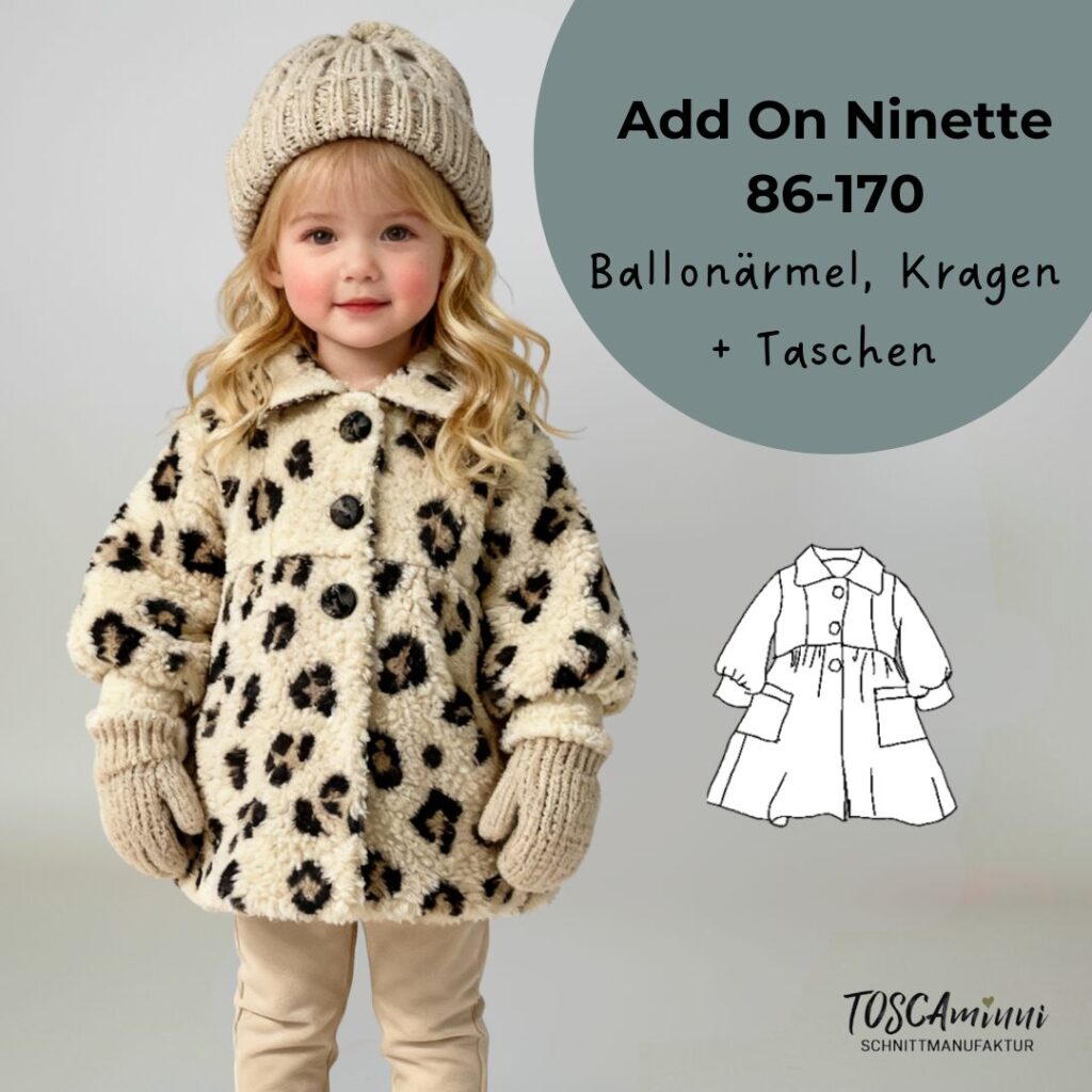 Add-on Ninette für Mantelserie Noémie – Erweiterung mit Ballonärmeln, Kragen und Taschen. Passe dein Schnittmuster individuell an und nähe einen einzigartigen Kindermantel.