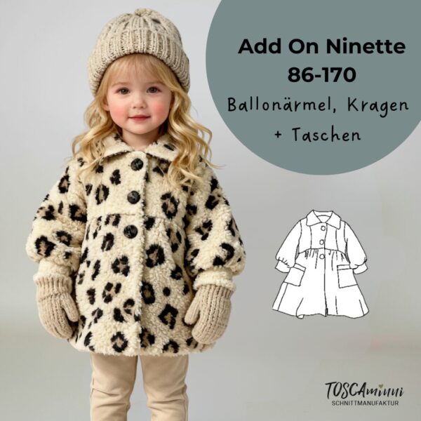 Add-on Ninette für Mantelserie Noémie – Erweiterung mit Ballonärmeln, Kragen und Taschen. Passe dein Schnittmuster individuell an und nähe einen einzigartigen Kindermantel.