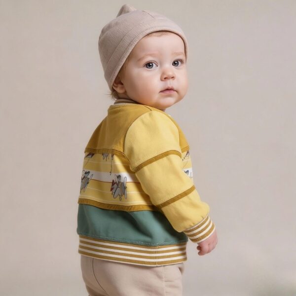 Baby trägt Babysweater aus Jersey – einfaches Baby Pullover Schnittmuster kostenlos in Seitenansicht | TOSCAminni