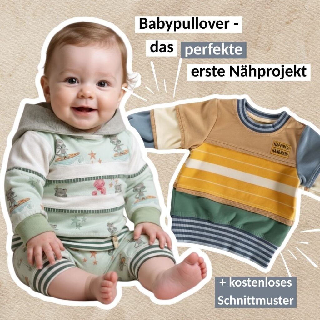 Baby Pullover Schnittmuster kostenlos – Baby trägt selbstgenähten Pullover, daneben das kostenlose Babysweater-Schnittmuster als erstes Nähprojekt | TOSCAminni