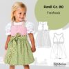 Schnittmuster Dirndl kostenlos für Kinder: Modell Resli in Größe 80. Das Bild zeigt das fertige Dirndl mit Schürze sowie eine technische Zeichnung der Vorder- und Rückansicht. Ideal als Freebie für Nähanfänger.