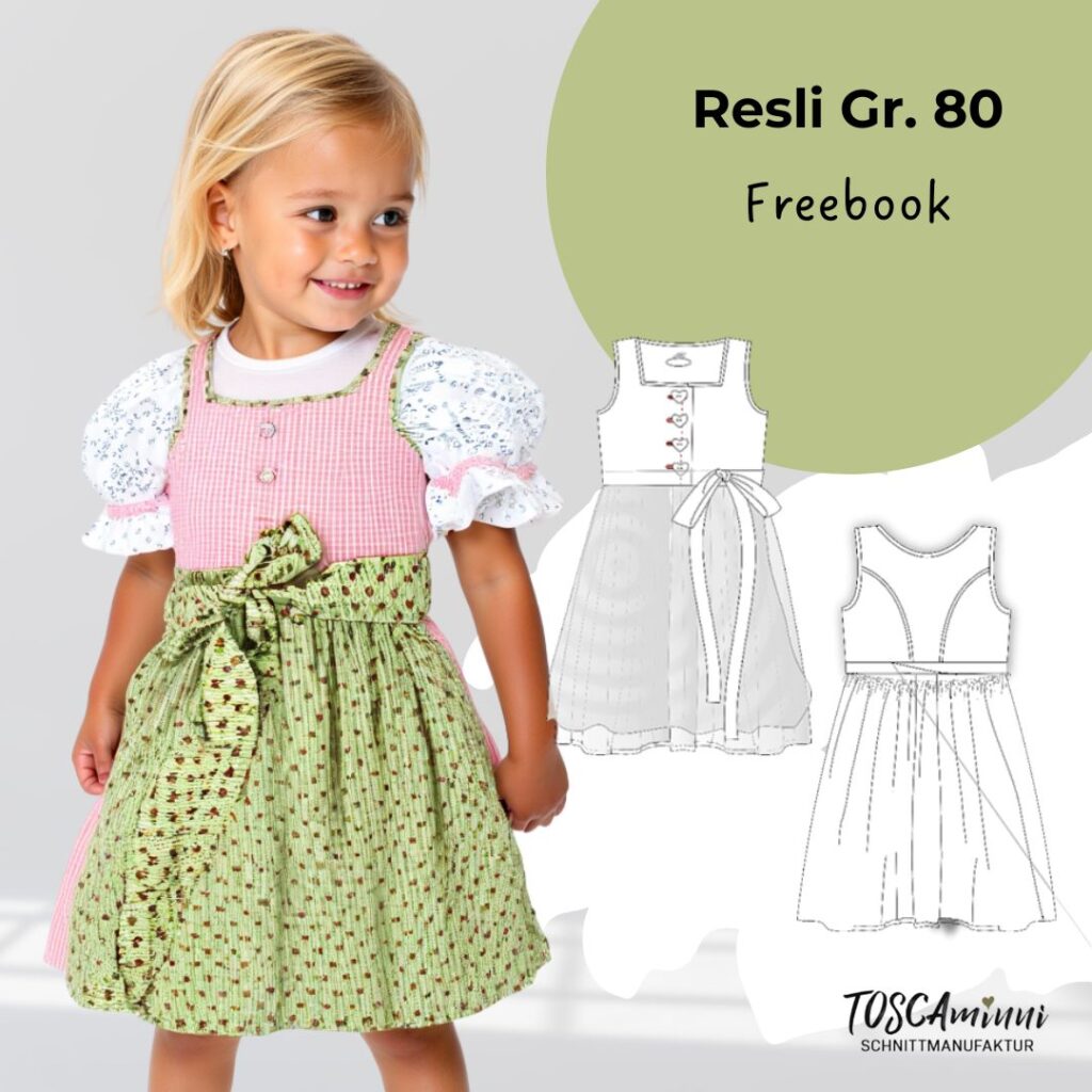 Schnittmuster Dirndl kostenlos für Kinder: Modell Resli in Größe 80. Das Bild zeigt das fertige Dirndl mit Schürze sowie eine technische Zeichnung der Vorder- und Rückansicht. Ideal als Freebie für Nähanfänger.