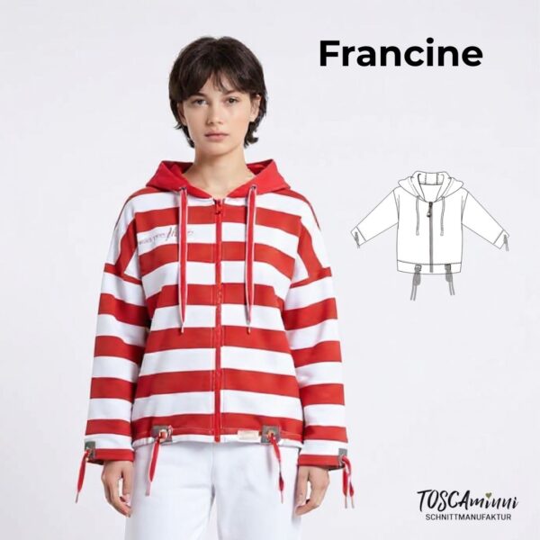 Schnittmuster Oversize Jacke Damen Francine mit Kapuze und Reißverschluss, sportliche Oversize Damenjacke im Streifenlook