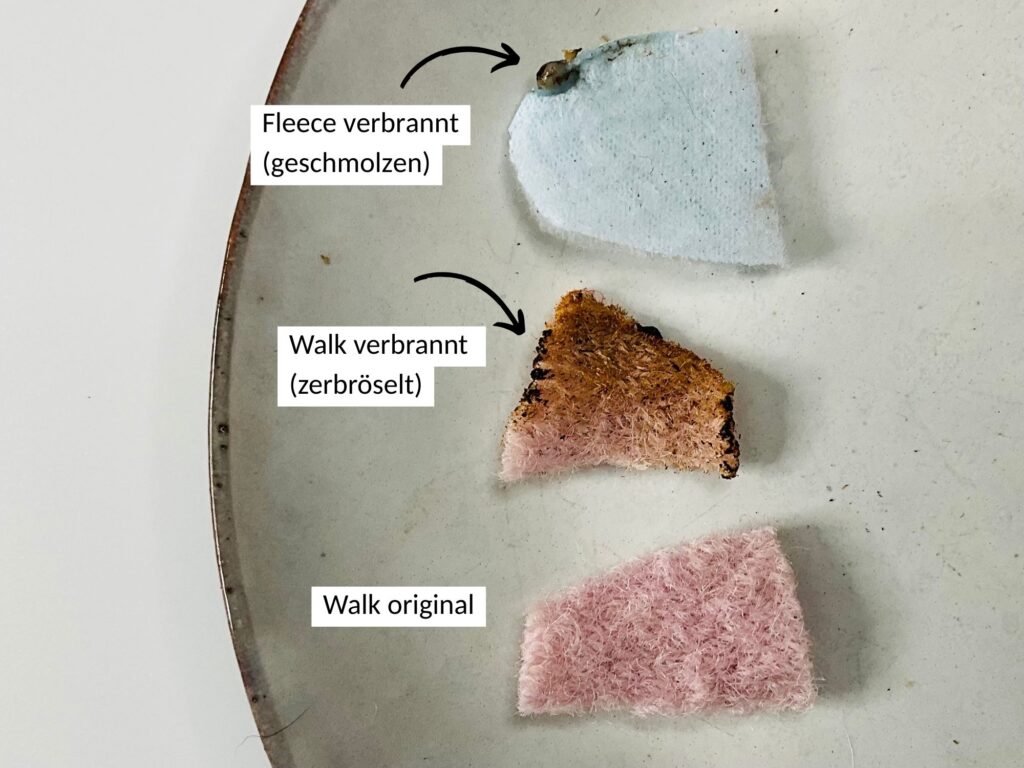 Ergebnis einer Brennprobe bei Walkstoff: Vergleich zwischen geschmolzener Kunstfaser und zerbröselter Wolle zur Qualitätsprüfung.