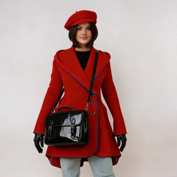Walkmantel Schnittmuster als Kostümjacke – roter A-Linien Mantel aus Walkstoff, perfekt für historische oder kreative Outfits | TOSCAminni