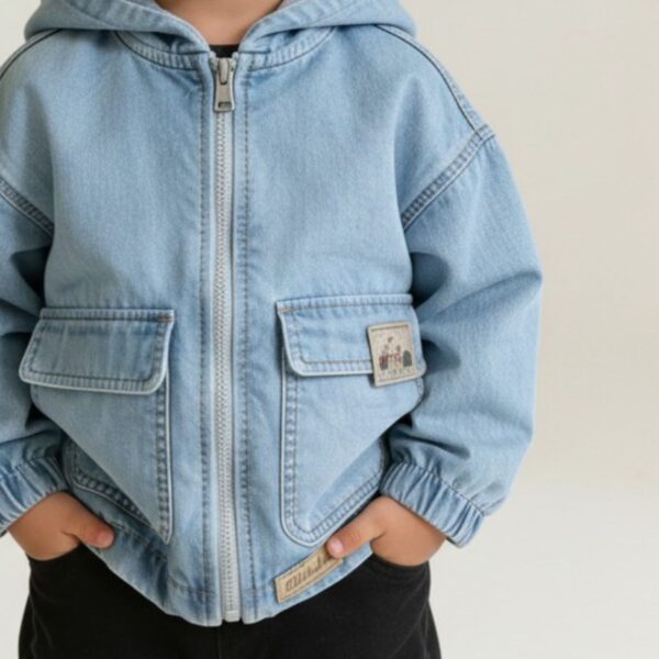 Genähte Kinderjacke Dotta nach Schnittmuster aus hellblauem Jeansstoff mit Kapuze und Gummizugbund.