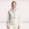 Nahaufnahme der weißen Damen-Sweatjacke Dotta mit Kapuze, Reißverschluss und Utility-Details