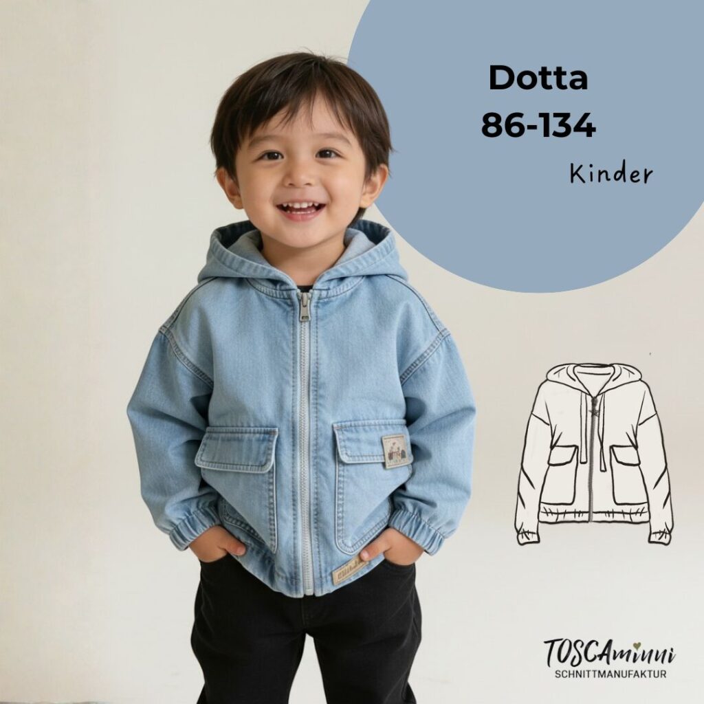 Produktbild mit einem lächelnden Jungen, der die Kapuzenjacke Dotta präsentiert nach einem Schnittmuster von TOSCAminni-Schnittmanufaktur