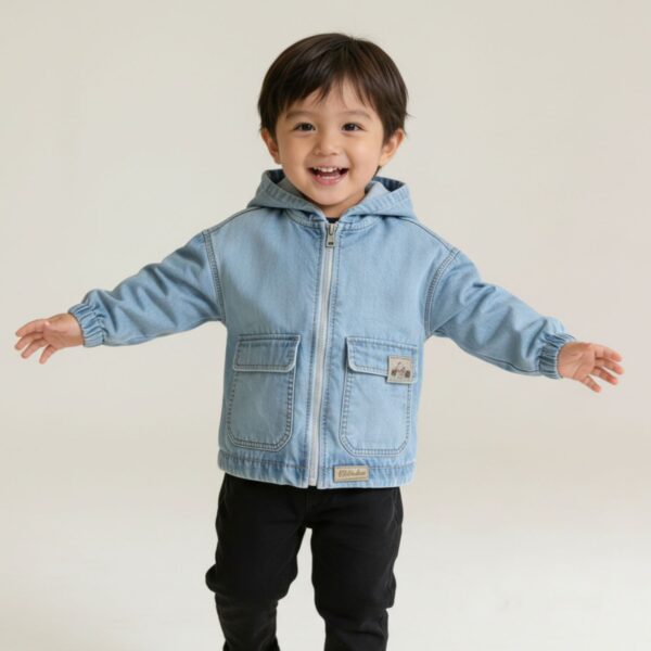 Schnittmuster Kinderjacke Dotta aus hellblauem Denim mit elastischem Saumbund.