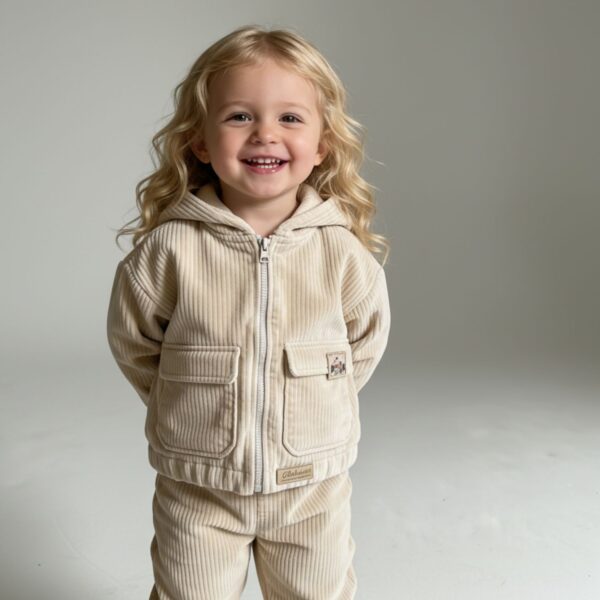 Detailansicht der Kinderjacke Dotta in Beige mit Fokus auf die lockere Passform.