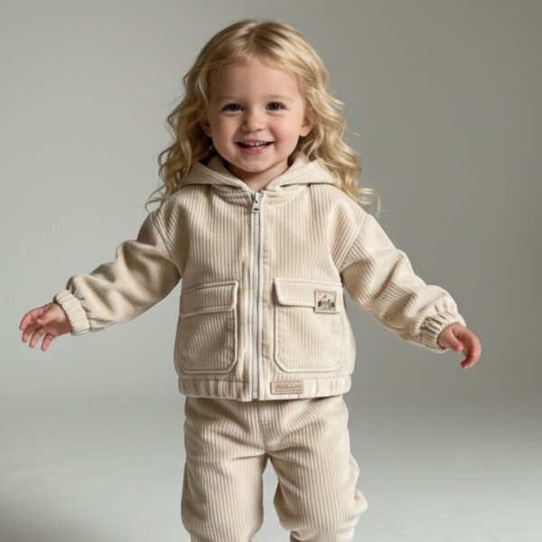 Schnittmuster Kinderjacke Dotta aus beigem Cord, kombiniert als Set mit passender Hose.