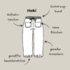 Technische Zeichnung und Details der Hose Hoki wie Gummizugbund und geraffte Saumbündchen.