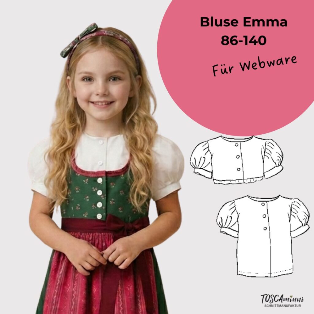 Ein Mädchen trägt die Dirndlbluse Emma mit Puffärmel aus Webware. Genäht nach einem Schnittmuster von TOSCAminni-Schnittmanufaktur
