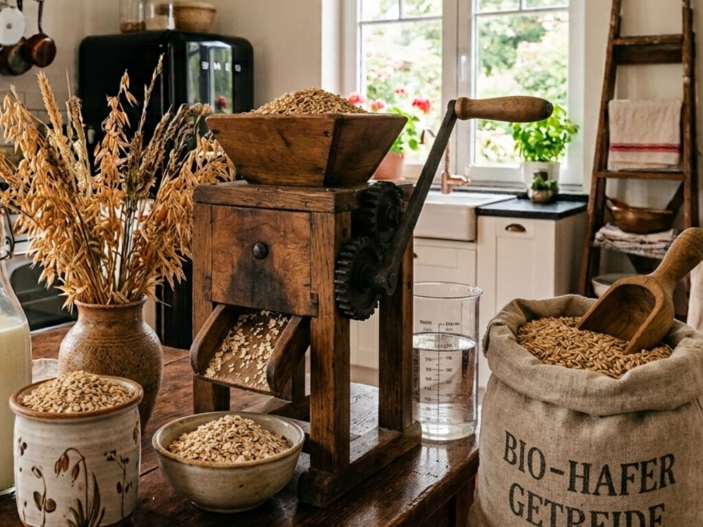 Eine antike Getreidemühle in einer hellen Landhausküche als Hilfsmittel, um Hafermilch selber zu machen