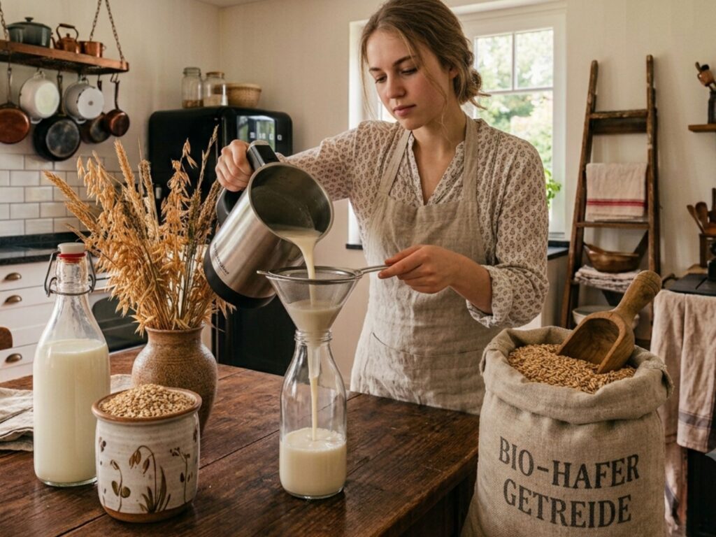 Eine junge Frau seiht frisch zubereitete Hafermilch durch ein Sieb in eine Glasflasche, um Hafermilch selber zu machen.